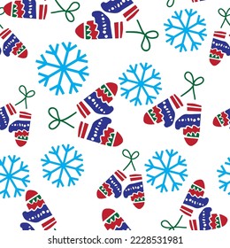 Winter gloves. Christmas seamless pattern. Winter seamless design. Gloves and snowflakes