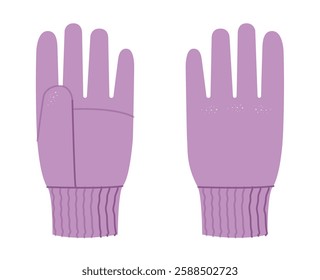 Winter Gloves with elasticated cuffs purple cartoon Fashion hand accessory clothing technical illustration garment. Vector front palm back view for Men, women unisex style flat CAD on white background