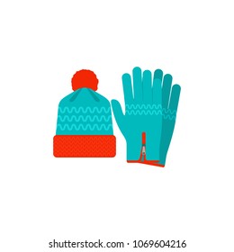 Winter gloves and hat with pompom icon. Outdoor leisure activity accessory, warm wool knit clothing. Vector flat isolated illustration on a white background.