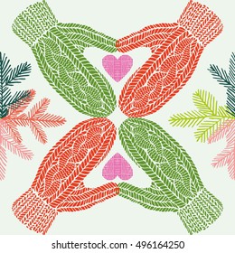 Winter gloves and hearts and twigs, Seamless vector illustration, christmas cartoon background, vector patterns