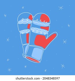 Winter gloves icon illustration in one line art style by white outline with snowflakes on color background. Vector icons for business and holidays