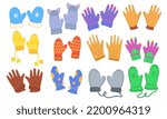 Winter gloves and mittens set icon. Cute fashion design isolated white and hand winter clothing vector illustration. Cartoon colorful fabric season textile and wool apparel. Wintertime casual object 