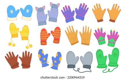 Winter gloves and mittens set icon. Cute fashion design isolated white and hand winter clothing vector illustration. Cartoon colorful fabric season textile and wool apparel. Wintertime casual object 