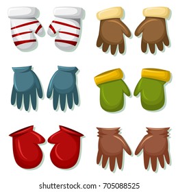 Winter gloves and mittens set for men and women. Vector cartoon icons isolated on white background. Clothes for cold weather.