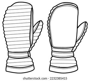 winter gloves, quilted mittens flat sketch vector illustration technical cad drawing template