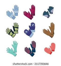 Winter gloves. seasonal hot wear for hands mittens and gloves. Vector colored illustrations