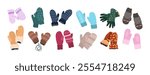 Winter gloves set. Woolen, knitted, cotton pairs of gloves, mittens for men, women and kids. Fashion accessories, warm garments for cold season. Isolated flat vector illustrations on white background.