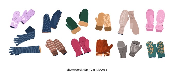 Winter gloves set. Woolen, knitted, cotton pairs of gloves, mittens for men, women and kids. Fashion accessories, warm garments for cold weather. Isolated flat vector illustrations on white background