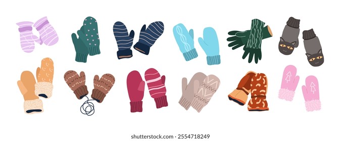 Winter gloves set. Woolen, knitted, cotton pairs of gloves, mittens for men, women and kids. Fashion accessories, warm garments for cold season. Isolated flat vector illustrations on white background.