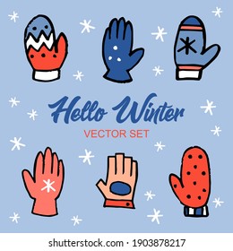 Winter gloves, snowflakes, vector set
