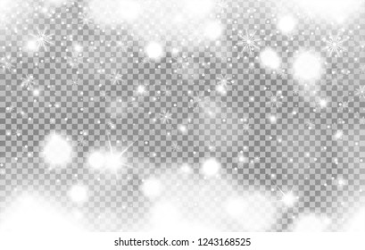 Winter glowing background of falling snow with clouds and snowflakes isolated on transparent background. Christmas and New Year card design. Vector illustration