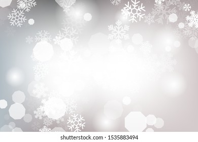 Winter glowing background. Vector holiday banner with lights, bokeh and snowflakes. Seasonal soft backdrop.
