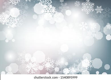 Winter glowing background. Vector holiday banner with lights, bokeh and snowflakes. Seasonal soft backdrop.