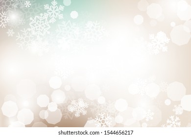 Winter glowing background. Vector holiday banner with lights, bokeh and snowflakes. Seasonal soft backdrop.