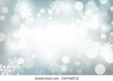 Winter glowing background. Vector holiday banner with lights, bokeh and snowflakes. Seasonal soft backdrop.