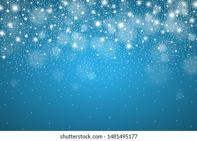 Winter glowing blue background of falling snow. Christmas and New Year card design. Realistic detailed snow fall abstract. Snowstorm, blizzard concept. Vector illustration