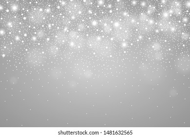 Winter glowing silver background of falling snow. Christmas and New Year card design. Realistic detailed snow fall abstract. Snowstorm, blizzard concept. Vector illustration