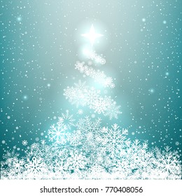 Winter glowing spruce from snow on blue background. Christmas snowflakes tree star shines from above