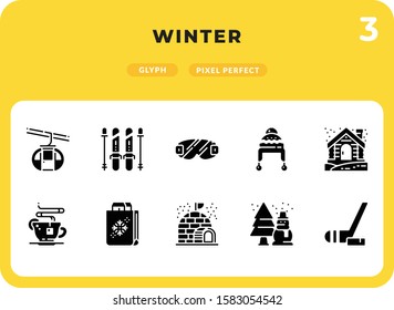 Winter Glyph Icons Pack for UI. Pixel perfect thin line vector icon set for web design and website application.