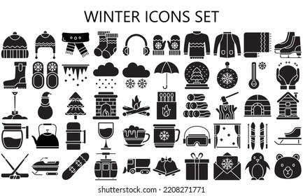 Winter glyph icons set. Jackets, sweater, hot drink, winter sport, snow, Christmas theme, gloves and more. use for modern UI or UX kit, digital banner and app. vector EPS 10 ready convert to SVG.