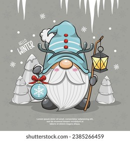 Gnome De Invierno, Gnome De Navidad Con Bolas De Navidad Y Lámpara. Ilustración de dibujos animados simples