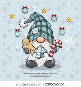 Winter Gnome, Christmas Gnome With Cookies And Candycane. Cute Cartoon Illustration