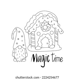 Winter gnome and gingerbread house for coloring page with lettering magic time