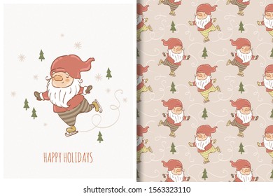 Winter gnome skating character hand drawn card print template and seamless background pattern. Cartoon design vector illustration.