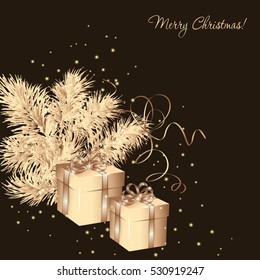 Winter gold christmas card with pine branch, gifts and streamer. Hand drawn vector  pattern