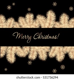 Winter gold christmas card with pine branch and snowflake . Hand drawn vector pattern