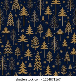 Winter gold seamless Christmas pattern for design packaging paper, postcard, textiles. The vector xmas pattern with the image of fir-trees, trees, bushes covered with snow