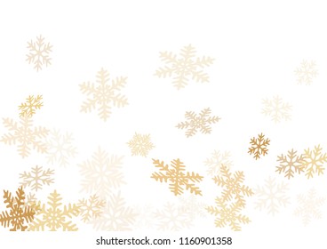 Winter gold snowflakes border magic vector background.  Many snowflakes flying border design, holiday banner with gold flakes confetti scatter frame, snow elements. Freezing cold symbols.