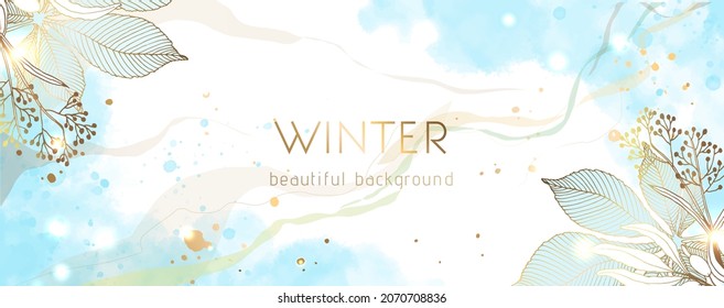 Winter gold vector background. Shiny gold dots. Hand painted herbs and gold brush texture, floral and botanical hand drawing of leaves. Abstract design for cover, wedding, wall art