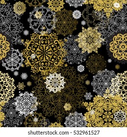 Winter golden black seamless pattern with gold and white snowflakes and black background. Trend golden design. Template for poster, card, invitation, brochure, flyer. Vector illustration stock vector.