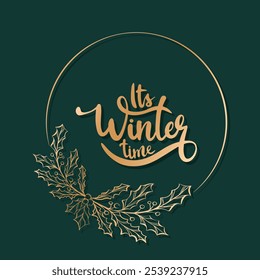 Winter golden christmas wreath with leaves, berries, poinsettia and branch twigs. Vector illustration. Modern design for Holidays invitation card, poster, banner, greeting card, postcard, packaging.