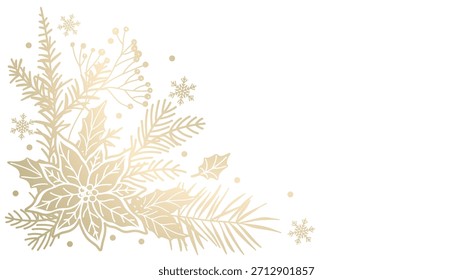 Winter golden floral background. Corner. Luxury Christmas pattern with fir branches, poinsettia, holly leaves. Vector illustration with elegant hand drawn winter botanical decorative elements