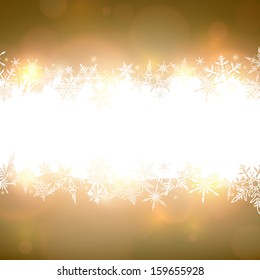 Winter golden pattern with snowflakes. Defocused christmas background. Vector.  