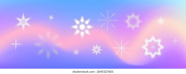 Winter gradient background with snowflake pattern. Pixel game bg. Halftone snow flake icon set. Blue pink blur backdrop winter ornament. Vector mesh illustration