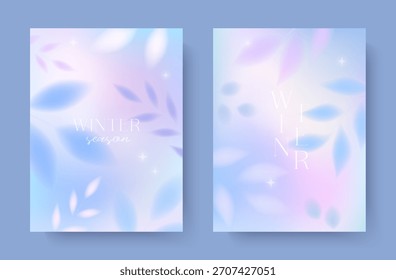 Fondos de gradiente de invierno. Ilustraciones borrosas con plantas congeladas y flores. Abstractas Anuncios de ensueño en colores pastel suaves. Delicados diseños mínimos para impresiones de vacaciones; cubiertas; anuncio; invitaciones.