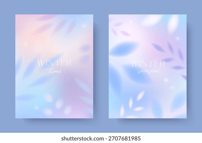 Fondos de gradiente de invierno. Ilustraciones borrosas con plantas congeladas y flores. Abstractas Anuncios de ensueño en colores pastel suaves. Delicados diseños mínimos para impresiones de vacaciones; cubiertas; anuncio; invitaciones.
