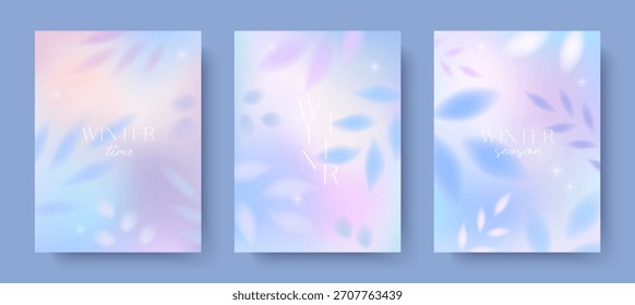 Fondos de gradiente de invierno. Ilustraciones borrosas con plantas congeladas y flores. Abstractas Anuncios de ensueño en colores pastel suaves. Delicados diseños mínimos para impresiones de vacaciones; cubiertas; anuncio; invitaciones.