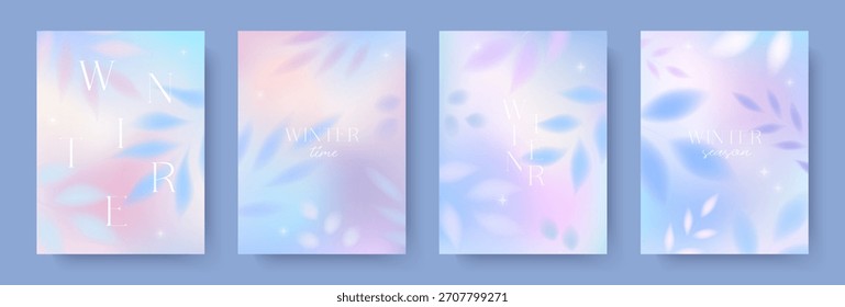 Fondos de gradiente de invierno. Ilustraciones borrosas con plantas congeladas y flores. Abstractas Anuncios de ensueño en colores pastel suaves. Delicados diseños mínimos para impresiones de vacaciones; cubiertas; anuncio; invitaciones.