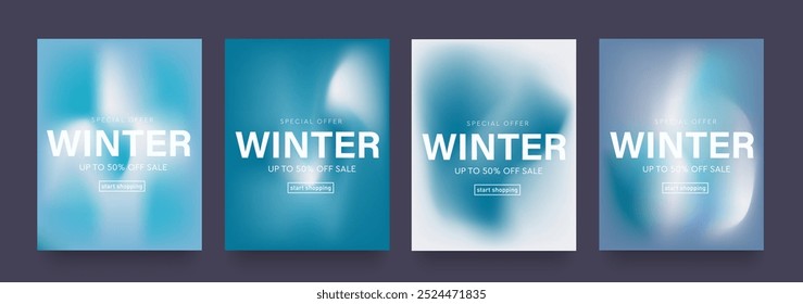 Winter Gradient Design. Set Fluid Texture with Blue, White Colors. Background Retro Art for Advertising, Web, Social Media, Poster, Banner, Cover. Sale offer 50%. Vector Illustration