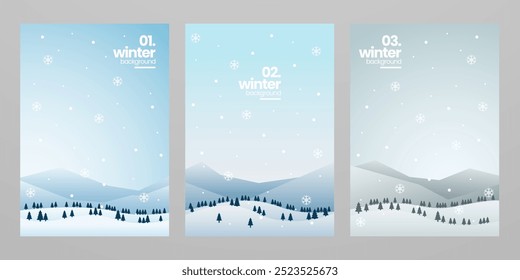 Paisagem gradiente de inverno com fundo nevado definido. Elementos de design para cartaz, capa de livro, brochura, revista, folheto, livreto