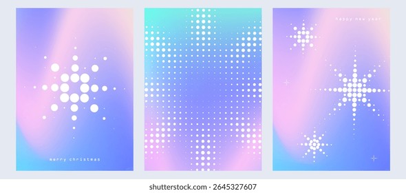 Winter gradient poster with snowflake pattern. Pixel game bg. Halftone snow flake cover set. Blue pink blur backdrop winter ornament. Vector mesh illustration