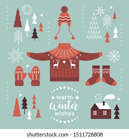 Winter graphic design elements set. Knitted sweater with deers, socks and mittens. Cozy little house. Warm Christmas wishes .