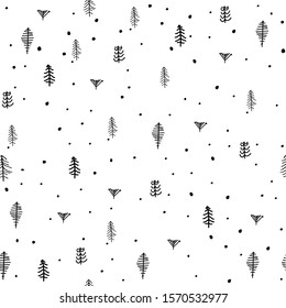Winter graphic  pattern with christmas trees. Hand drawn vector illustration. 
