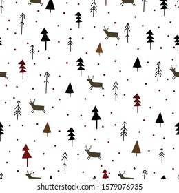 Winter graphic seamless pattern with christmas trees, deers and snow. Hand drawn vector background. Black and white. Wrapping paper Christmas.