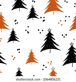 Gráfico invernal con árboles de navidad. Ilustración vectorial dibujada a mano. Preparando papel de Navidad.