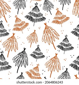 Winter graphic seamless pattern with christmas trees. Hand drawn vector illustration. Wrapping paper Christmas.